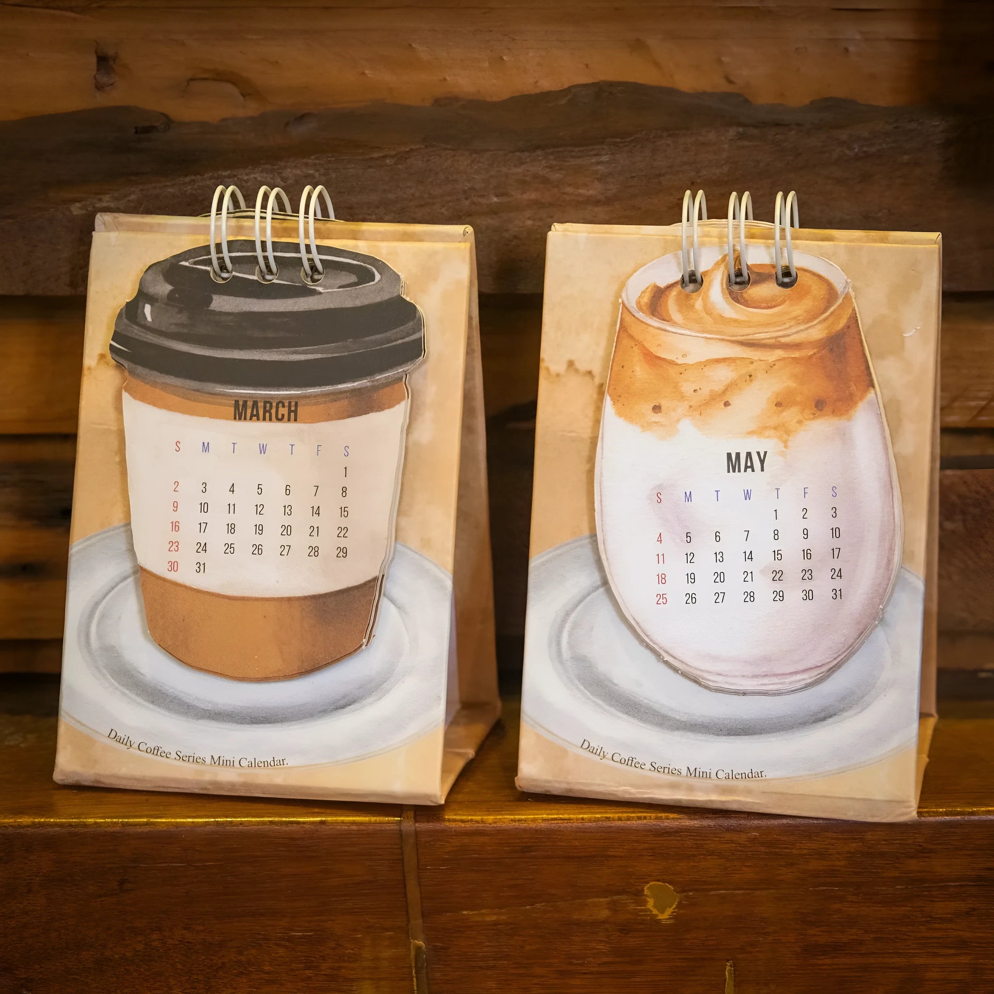 Coffee-themed 2025 mini desk calendar showing four simple modern design options
