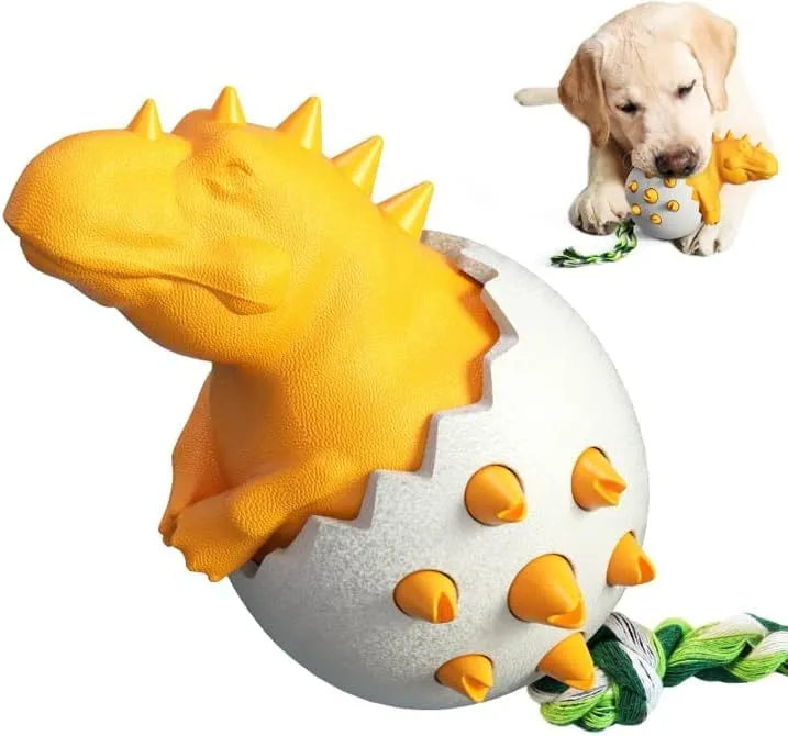 Blue dinosaur dog chew toy with rope tug element for aggressive chewers