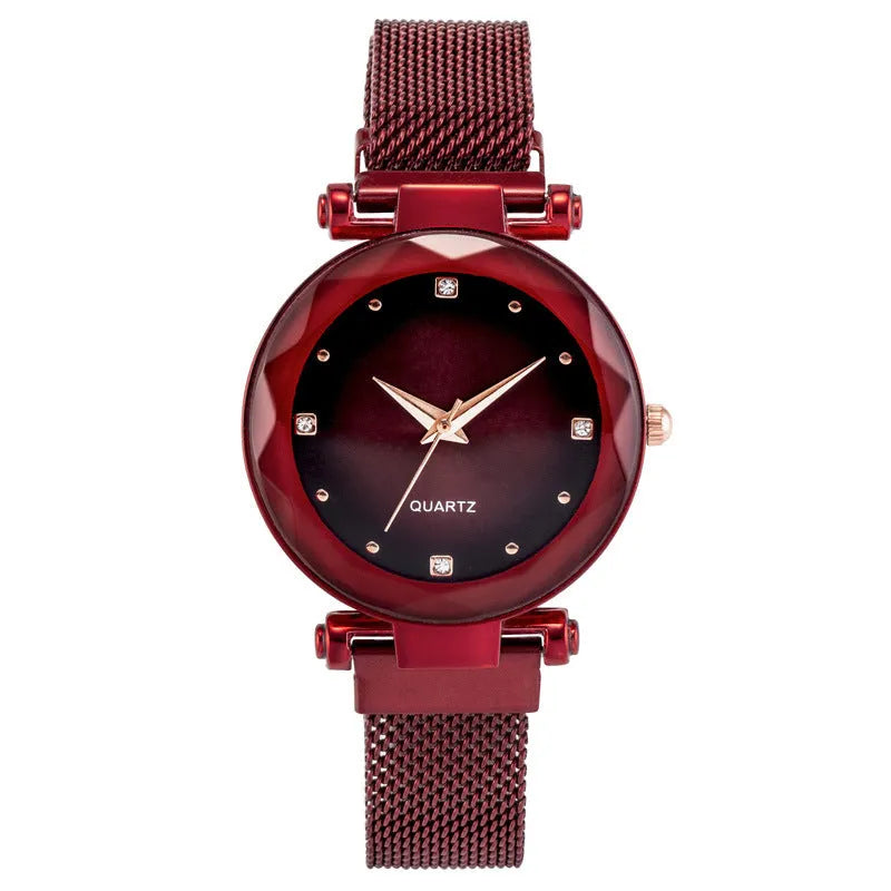 Women's Starry quartz watch with magnetic strap in rose gold colour, 8mm thickness, on transparent belt