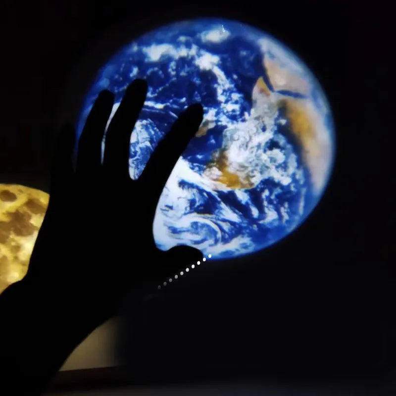 Adjustable star projector lamp showing Earth and Moon projection effects on a wall.