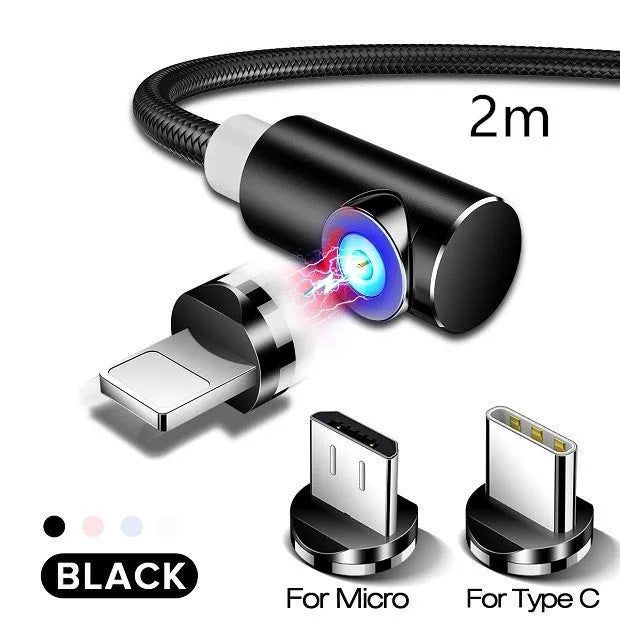 L-shape magnetic charging cable with aluminium housing in black, red, gold, or silver, showing Micro USB, Lightning and Type-C plug heads.