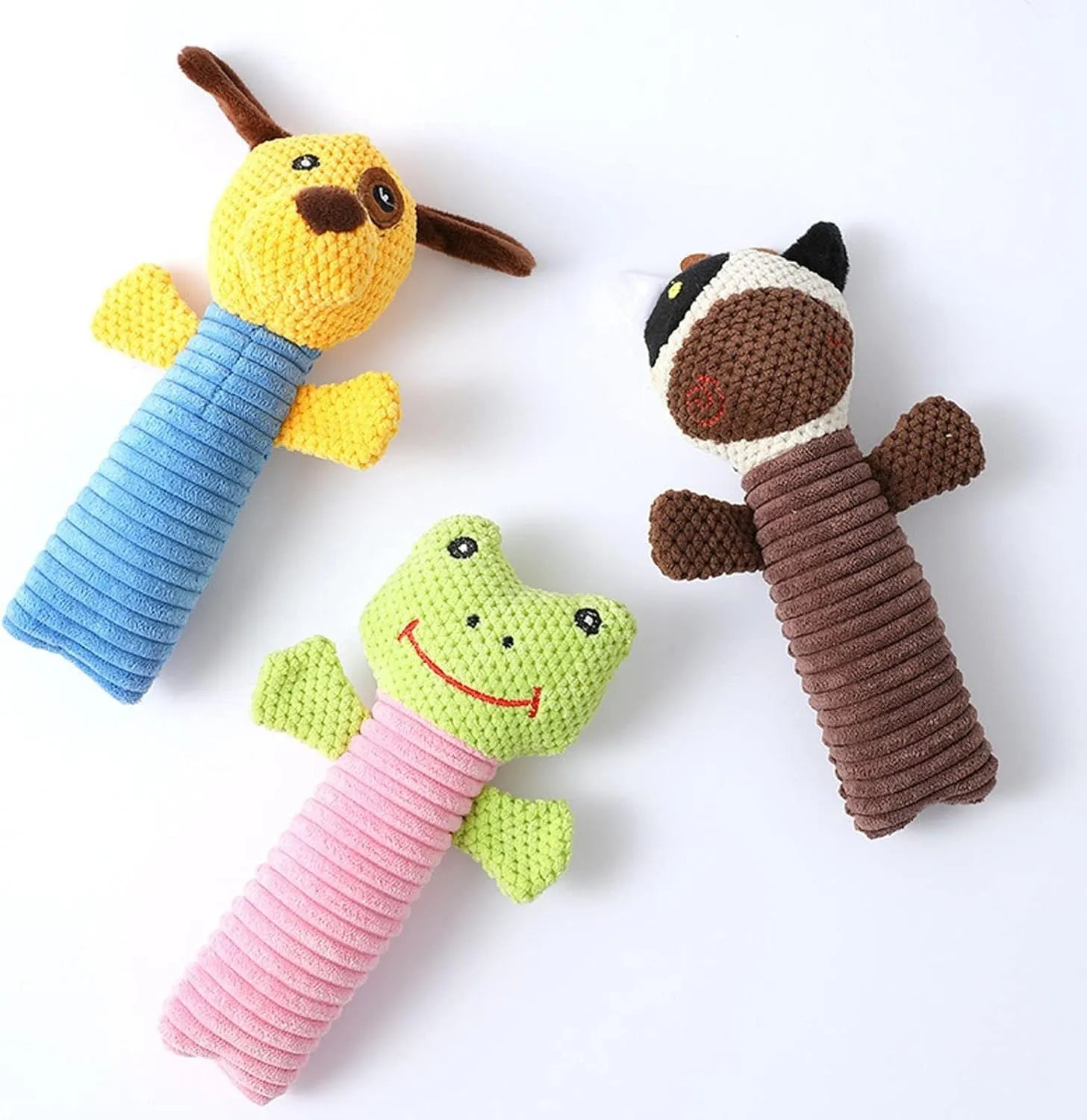 Squeaky stuffed animal dog chew toy measuring 19cm by 5cm for dental cleaning