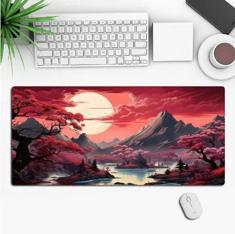 Large custom anime print gaming mouse pad on a desk with keyboard and mouse.