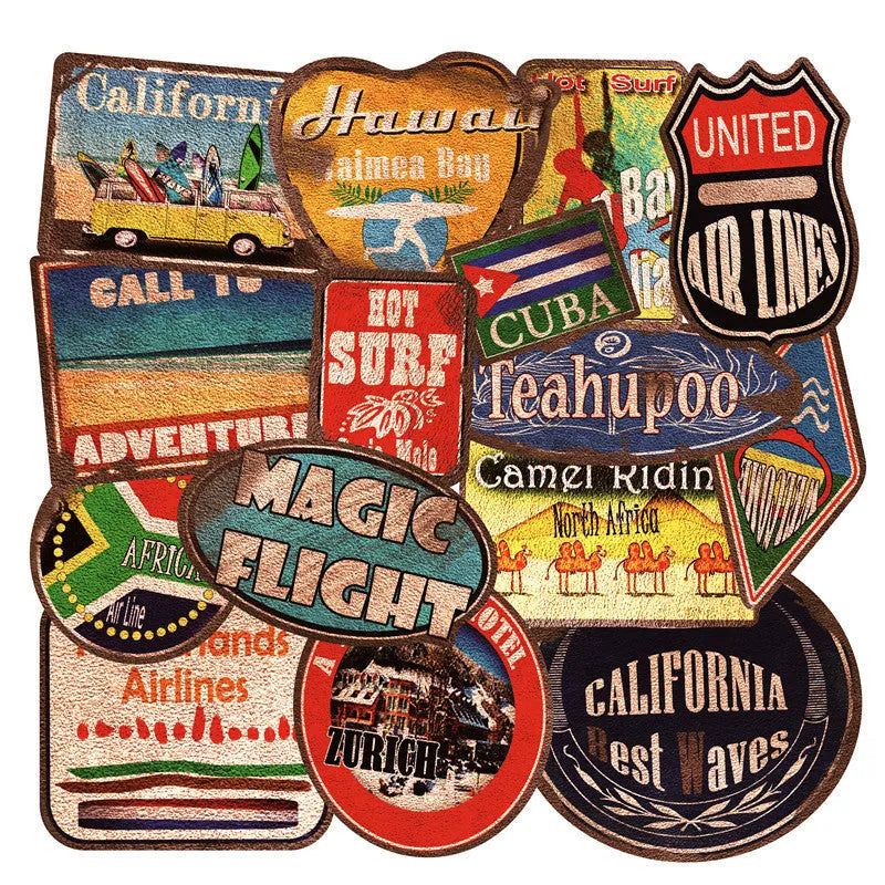 36 retro beach themed stickers with surfing and travel designs in 6-10 cm sizes with matte finish