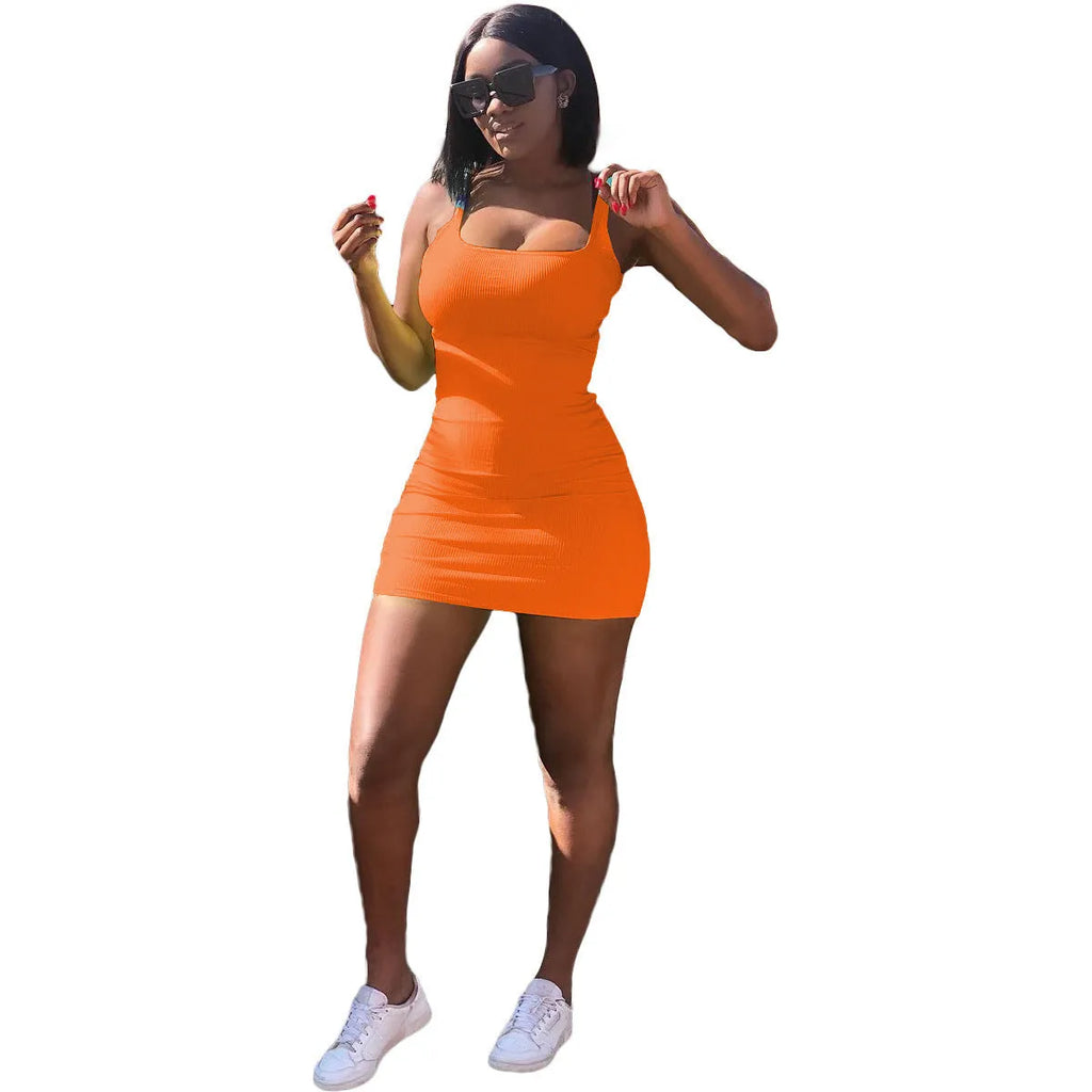 Women's casual dress with big U-neck and concave stripe pattern in sleeveless strap design