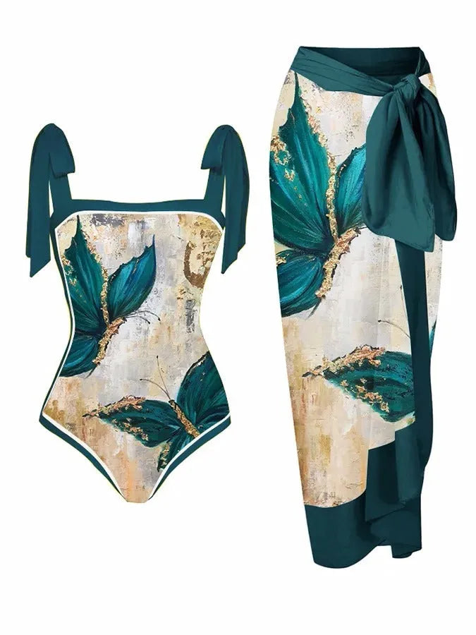 Women's two-piece chiffon swimsuit with positioning printed pattern and hip skirt coverage