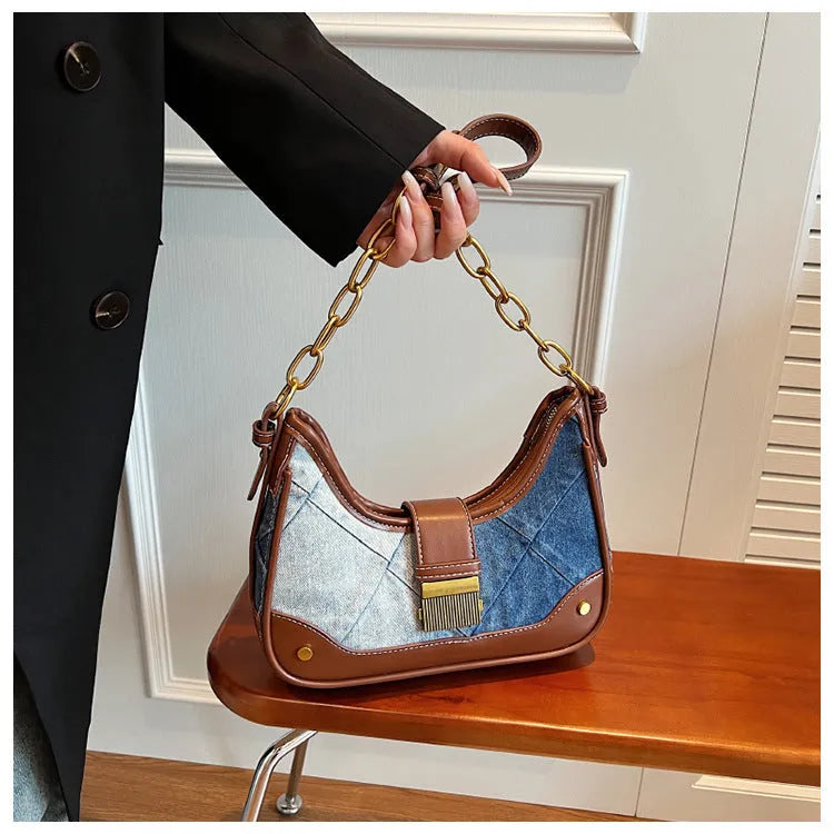 Brown denim women's shoulder bag with diamond mesh overlay and chain detailing