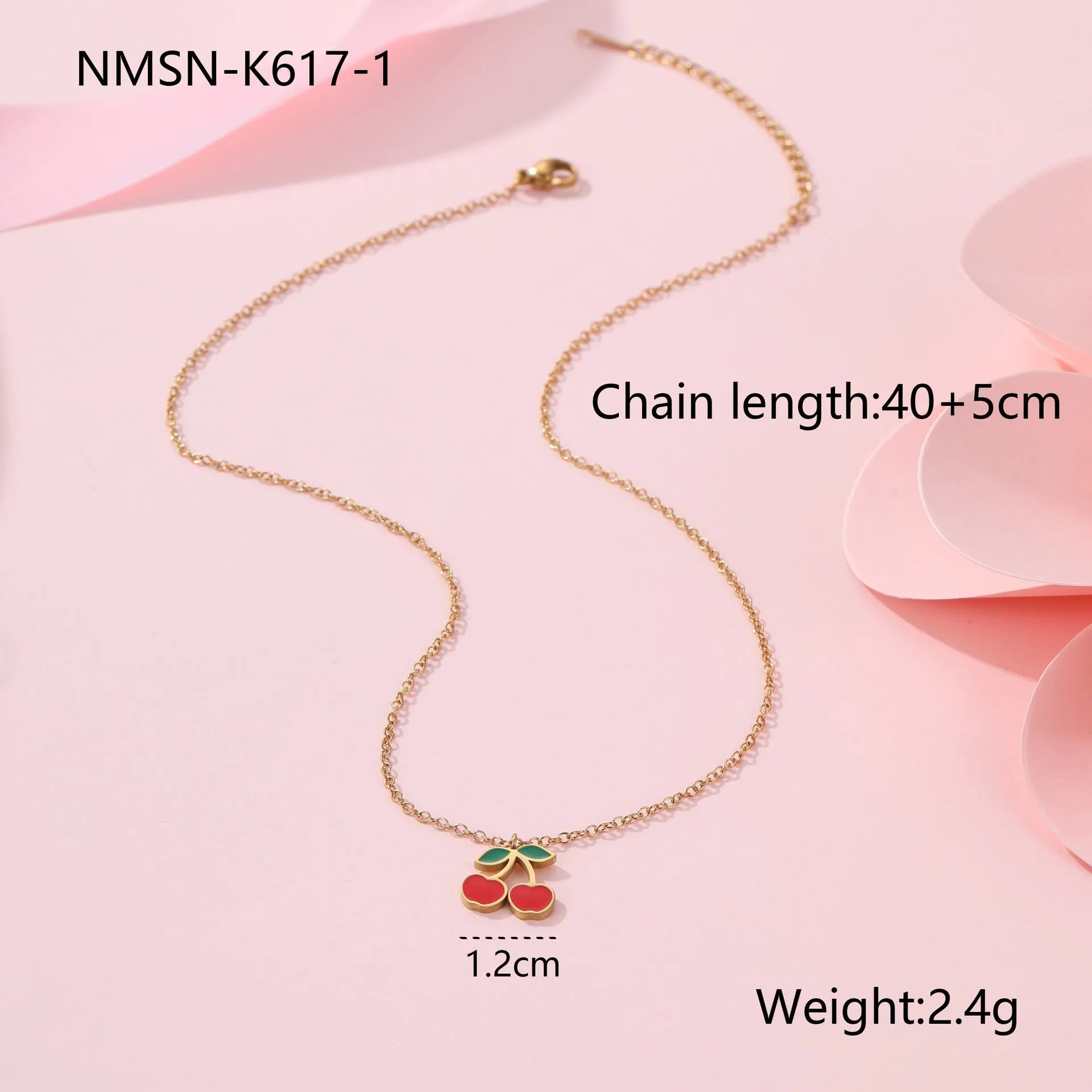 Stainless steel cherry jewellery set with necklace, bracelet, earrings, and ring in golden electroplated finish