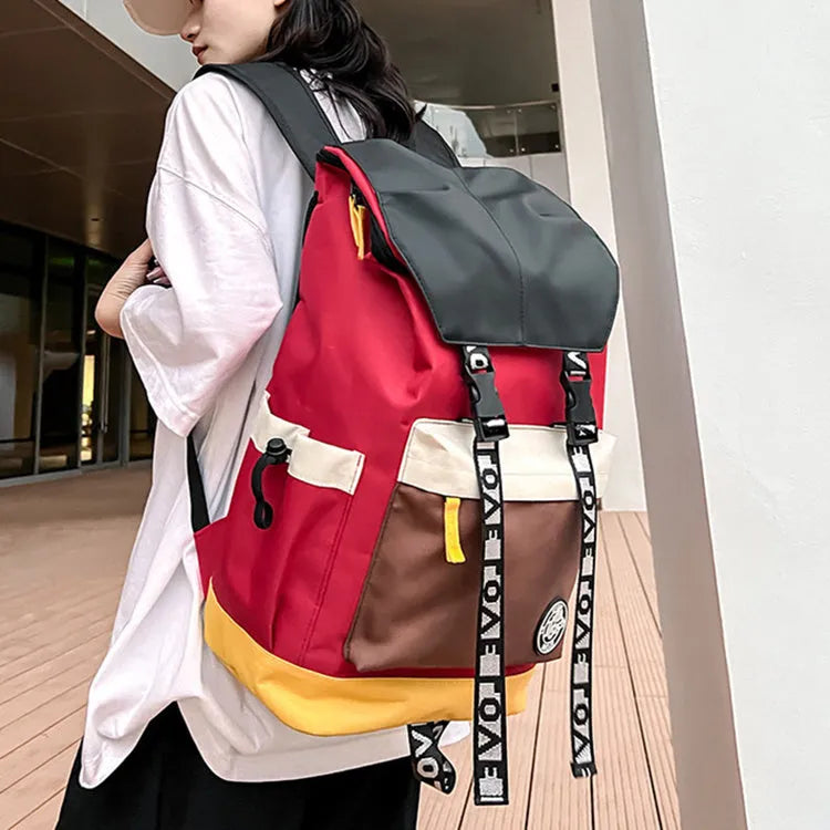 Oxford cloth school backpack showing three carrying methods with 32cm width dimensions