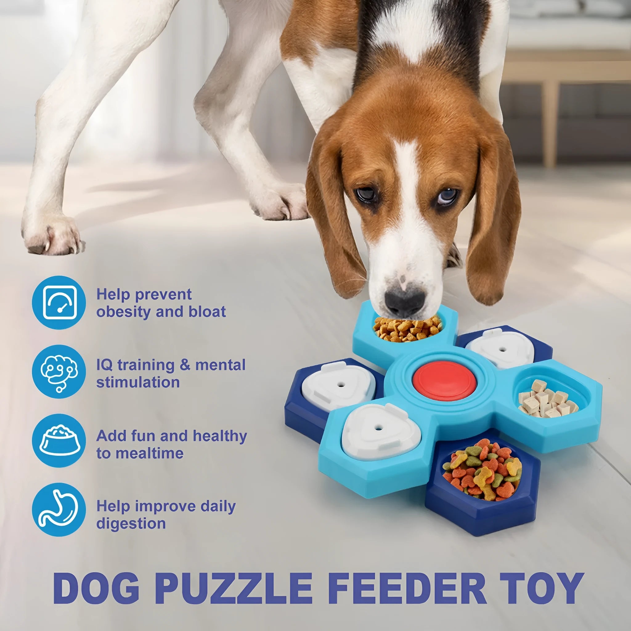 Blue 4-layer plastic puzzle slow feeder dog bowl on floor, assembled with non-slip base
