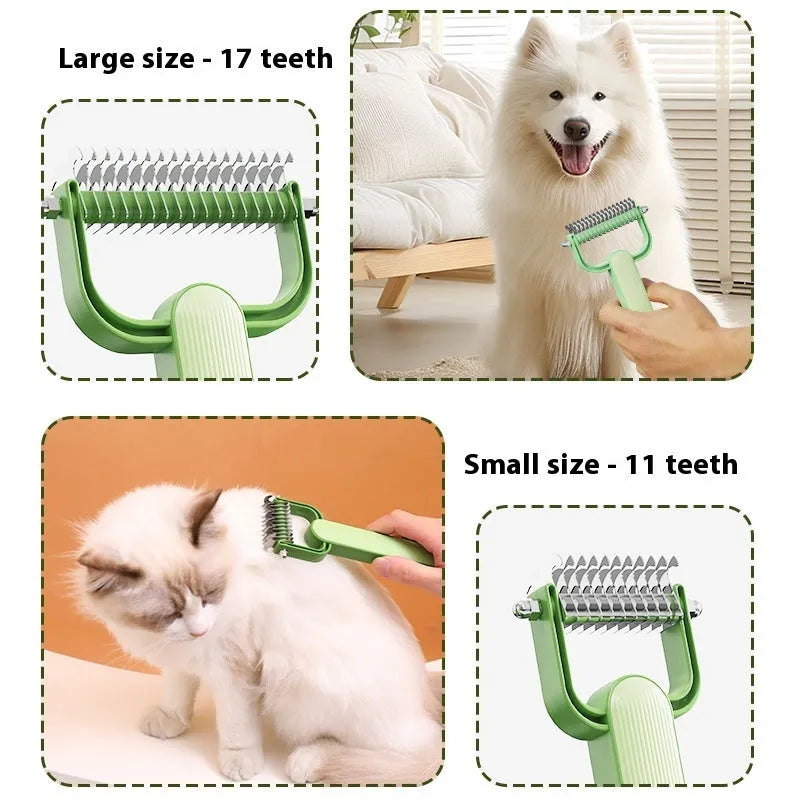 Green and grey dog grooming comb for untying knots, showing small and large size options.