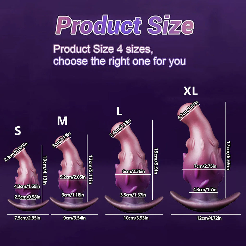 Liquid silicone masturbator for adults in black, gold, or purple, available in sizes S, M, L, and XL.