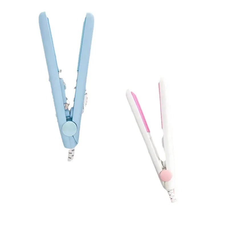 Mini hairdressing splint hair straightener for air bangs in blue, pink, white, purple, or yellow with storage box.