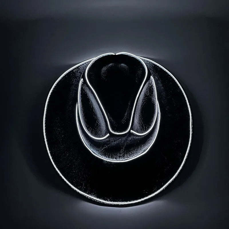 LED wireless fluorescent cowboy flashing hat in green, front view, EVA and EL wire construction, average size