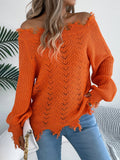 Cut off-the-shoulder acrylic sweater with hollow-out detailing in black, orange, and white colour options