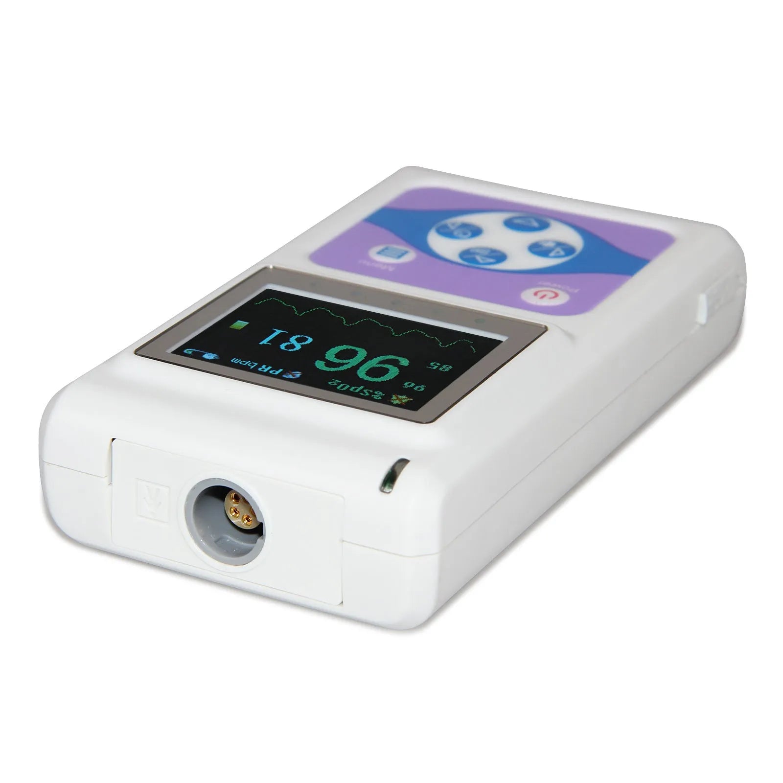 CMS60D pulse oximeter with colour OLED display, three external probes (adult, paediatric, neonatal), and PC data cable