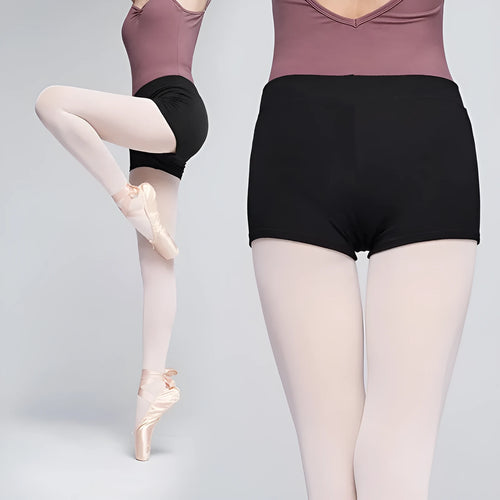 Black cotton women's dance shorts for ballet practice and fitness exercise.