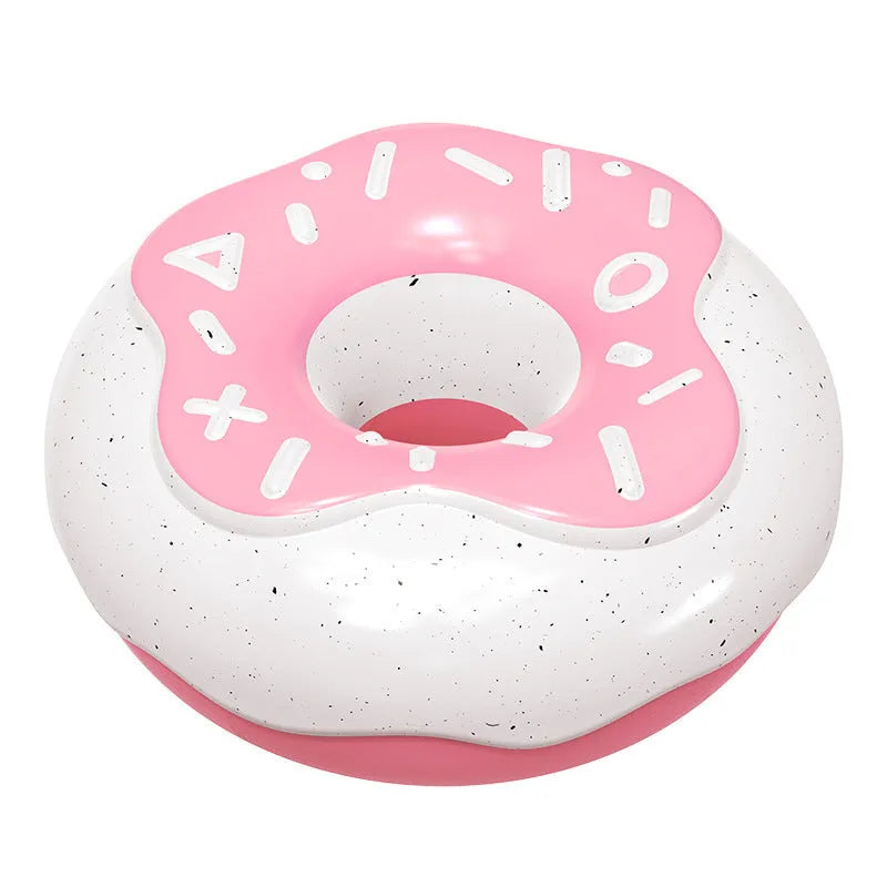 Pink, yellow, and chocolate TPR donut-shaped dog chew toy with sound for molar cleaning.