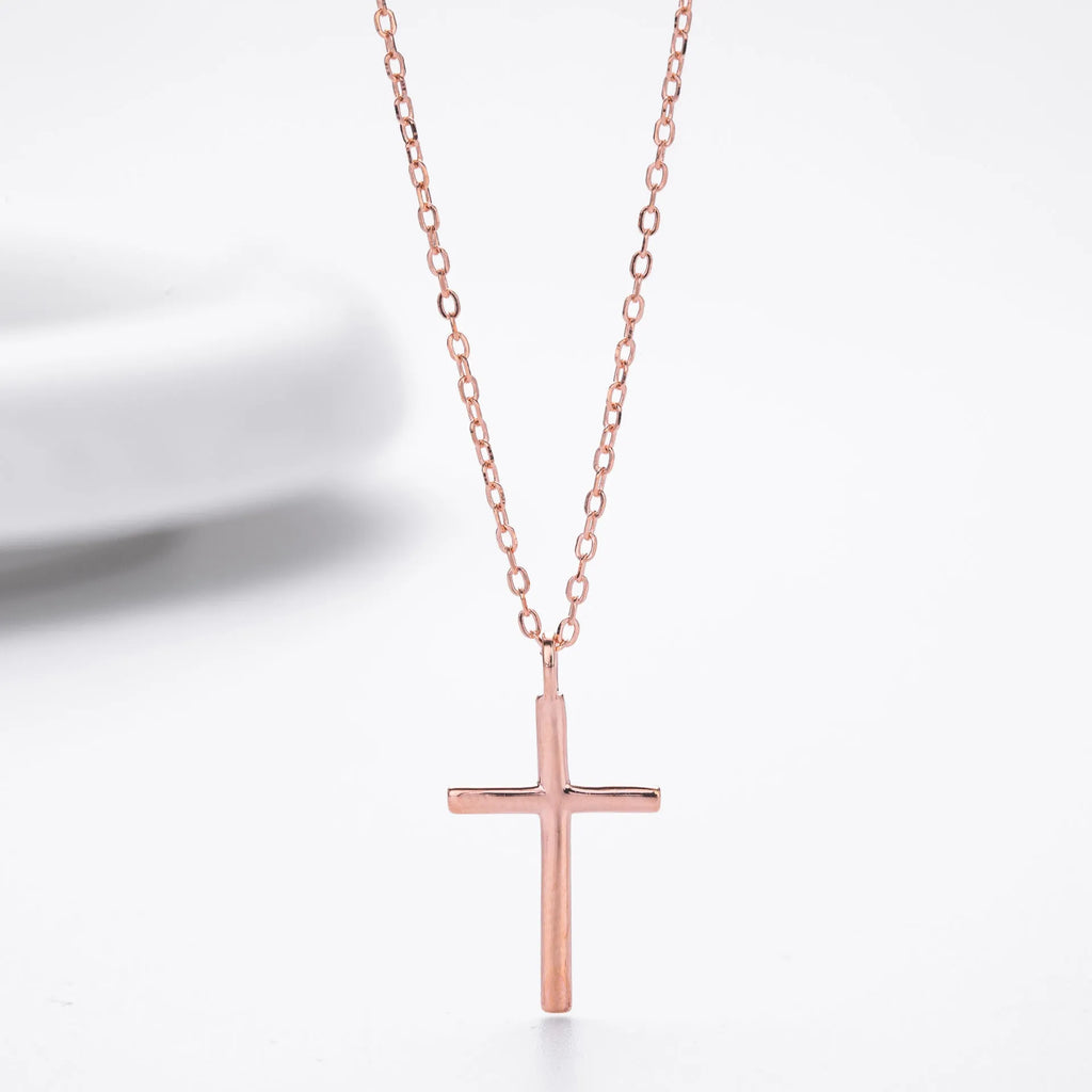 S925 sterling silver necklace with cross pendant on adjustable O-chain in gold, platinum, or rose gold finish