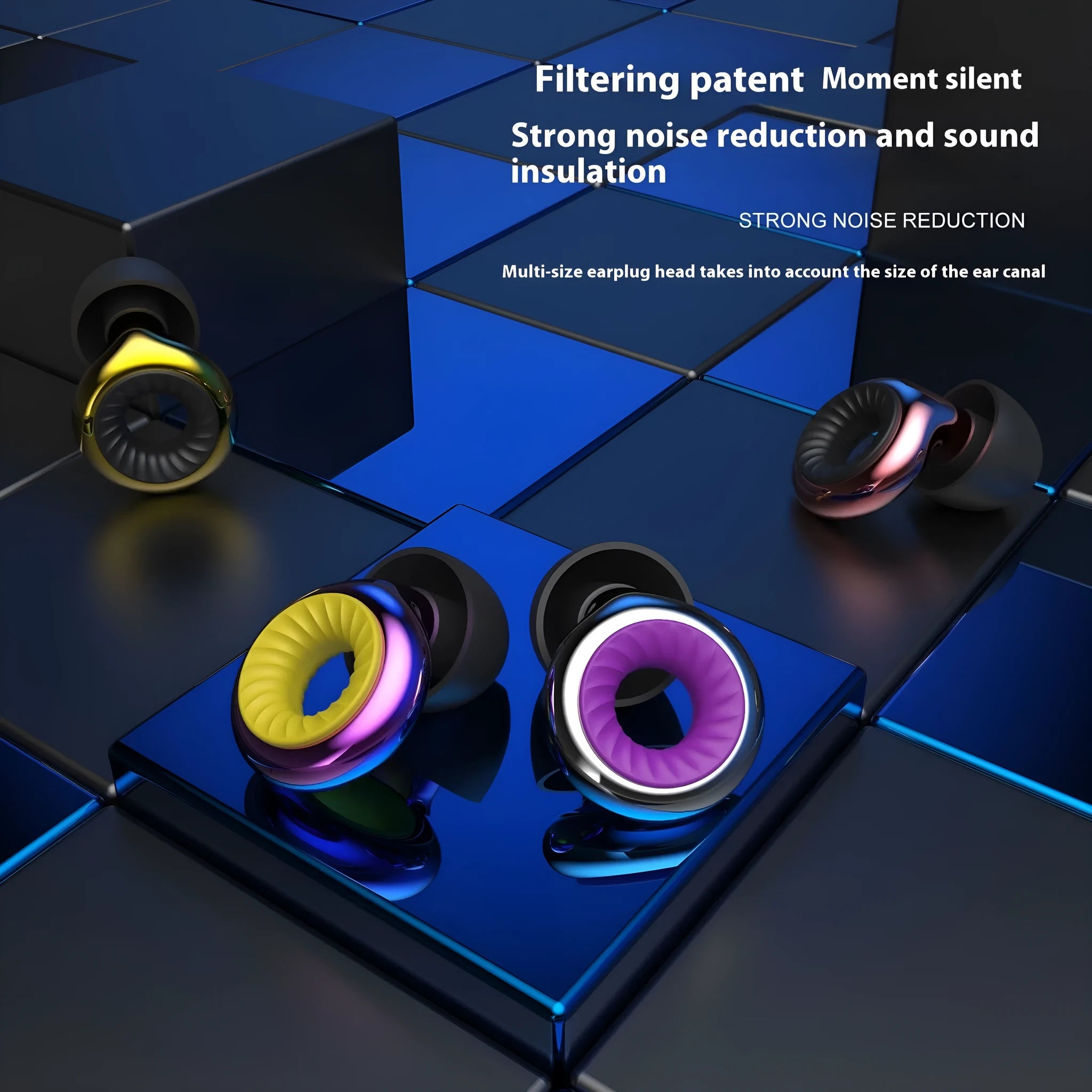 Noise reduction earplugs in five colours: gold, silver, transparent, purple, rose gold with storage case