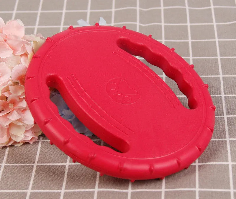 Dog training set with plastic frisbee and bite ring in orange and green colours on grass