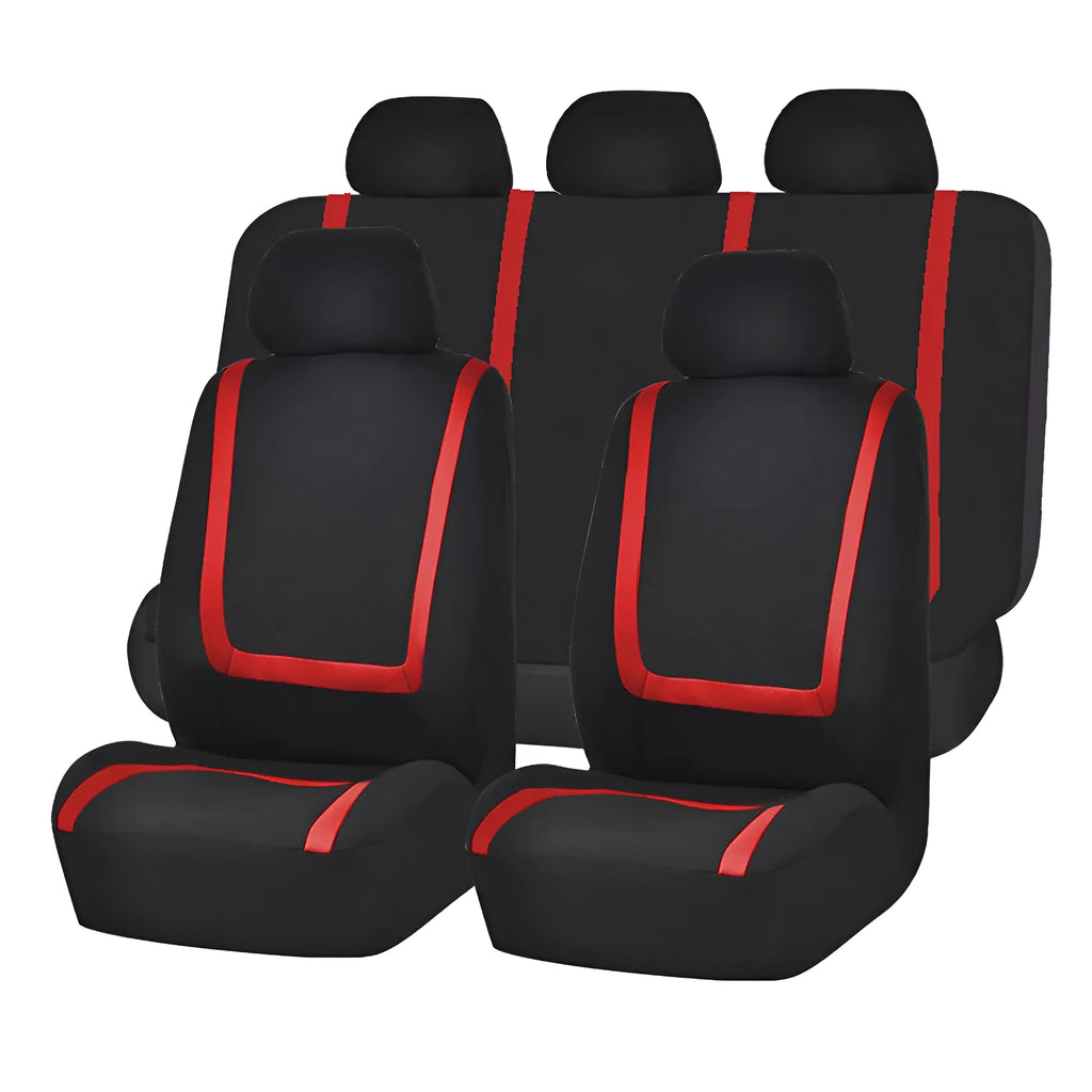 Universal four seasons car seat cover set in beige and black fabric installed on car seats.