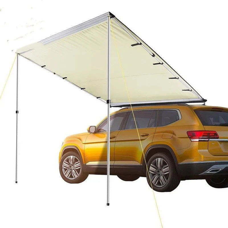 Black rainproof camping tent with aluminium poles set up outdoors, showing two-bedroom interior and Oxford cloth base.