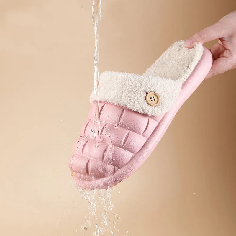 Pink detachable EVA slippers with plush lining and a flat, round-toe design for women.