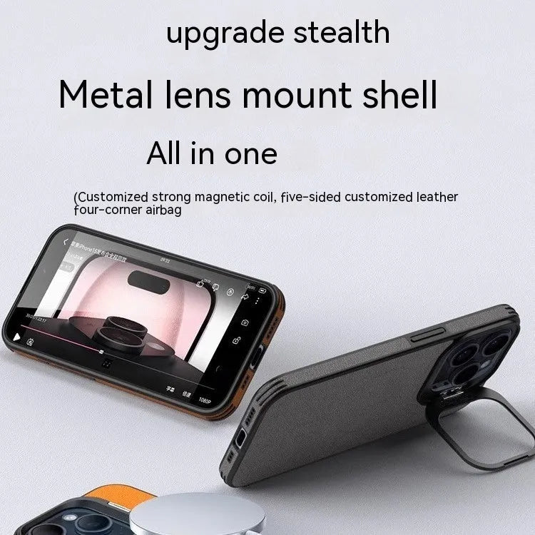 Leather invisible bracket magnetic phone case for iPhone 15, satin black, all-inclusive drop-resistant design