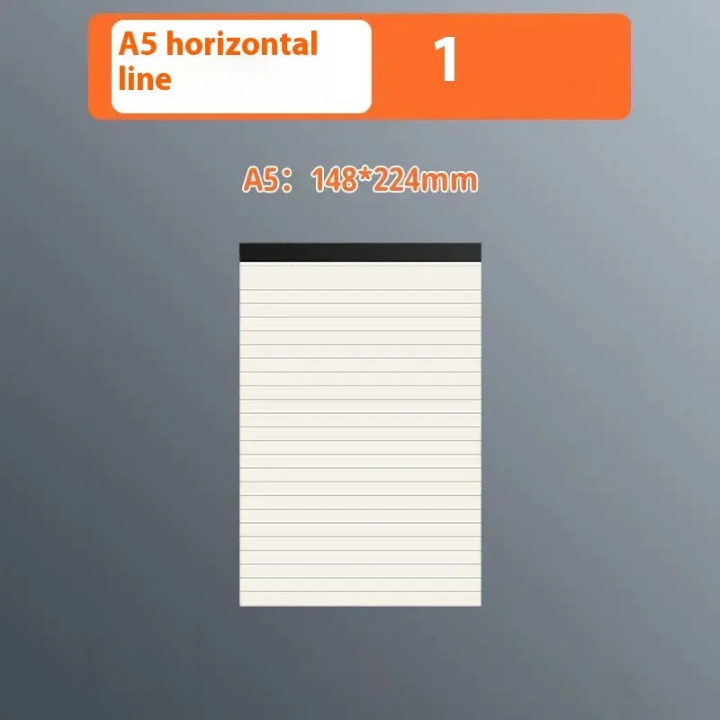 Set of A5, B5, and A4 writing pads showing blank, grid, and horizontal line page styles.