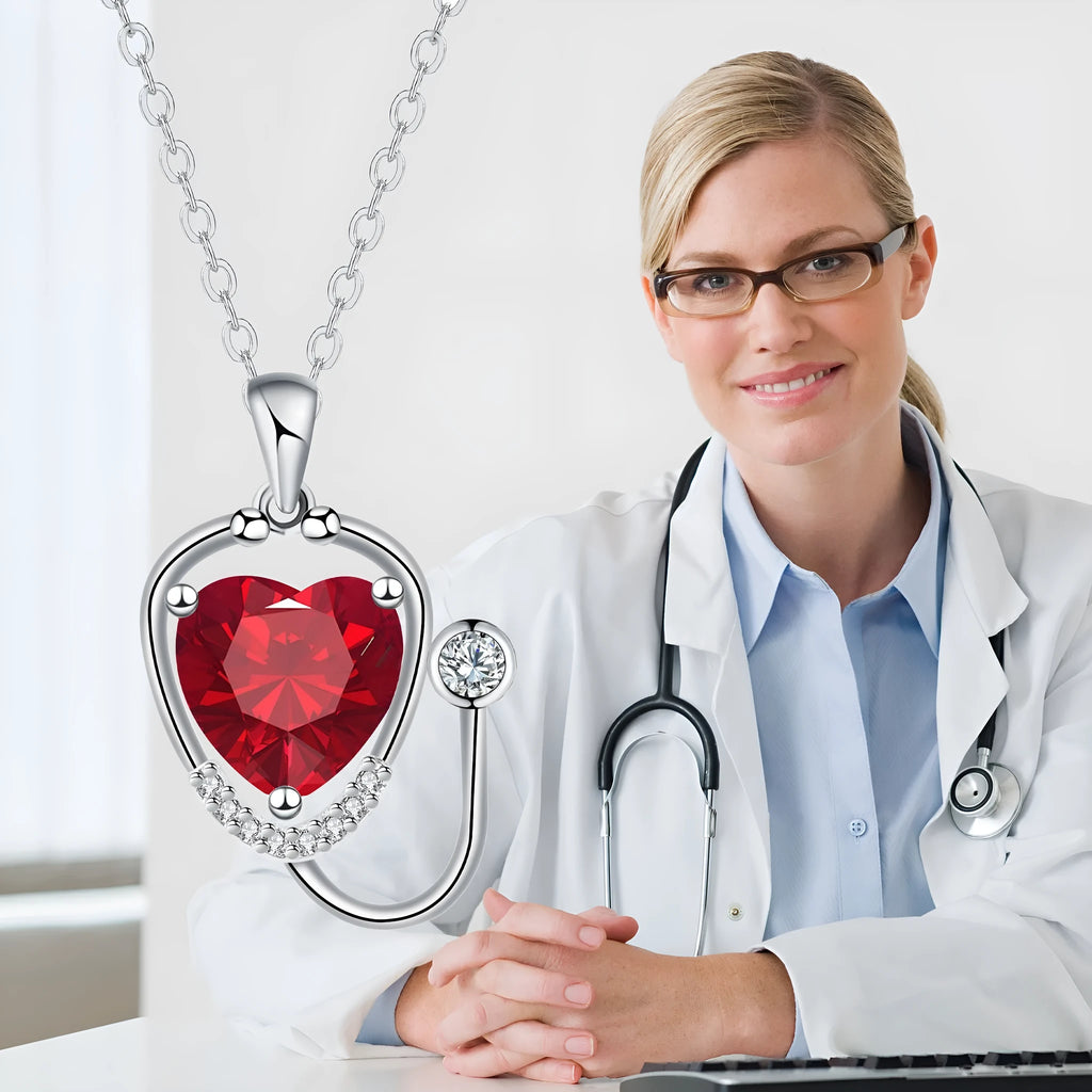 Red diamond stethoscope necklace with wings cross pendant on copper chain