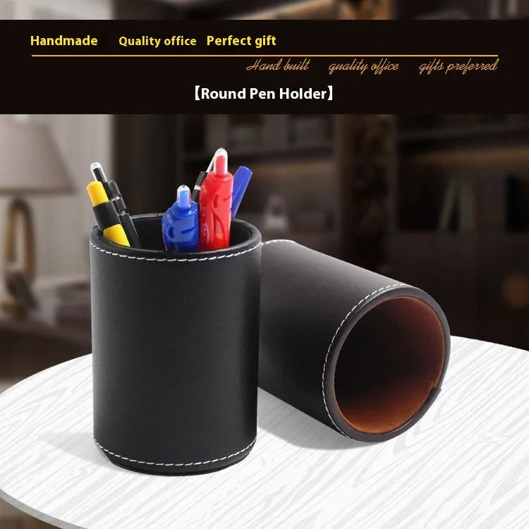 Round black leather pen holder showing 8cm diameter and 10.8cm height dimensions