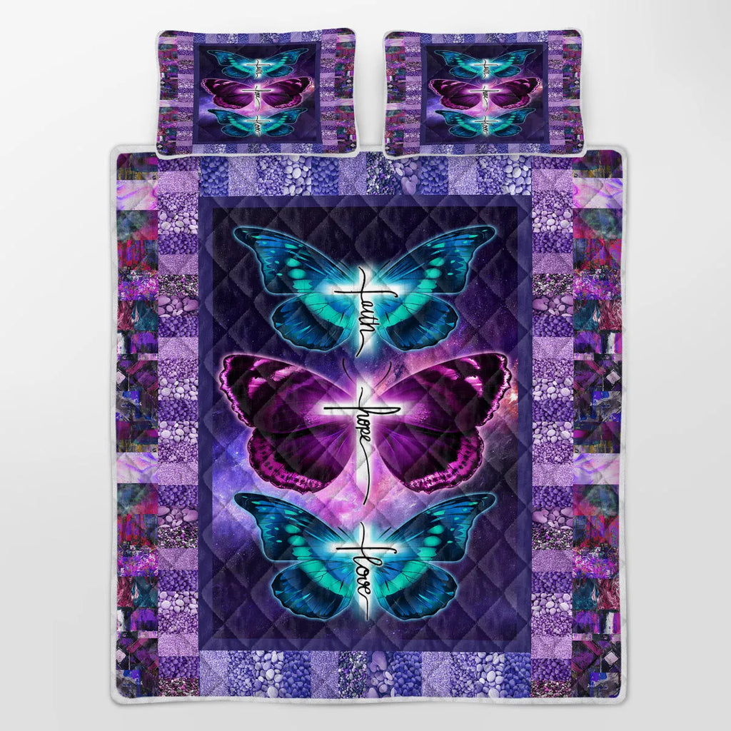 Purple 3-piece butterfly patterned pet themed microfiber bedding set with quilt and two pillow shams
