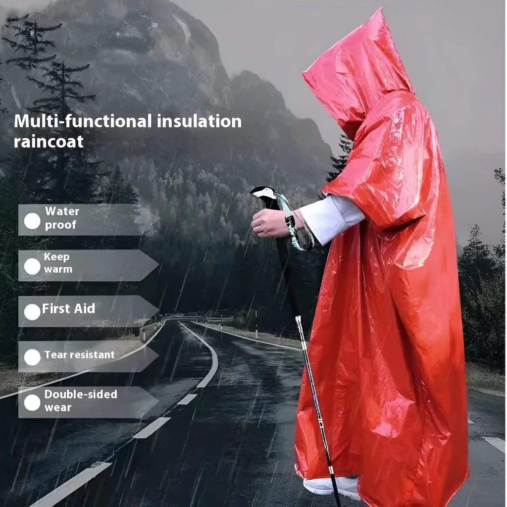 Marathon Wild orange and army green waterproof poncho raincoat laid flat showing 100x130cm size.