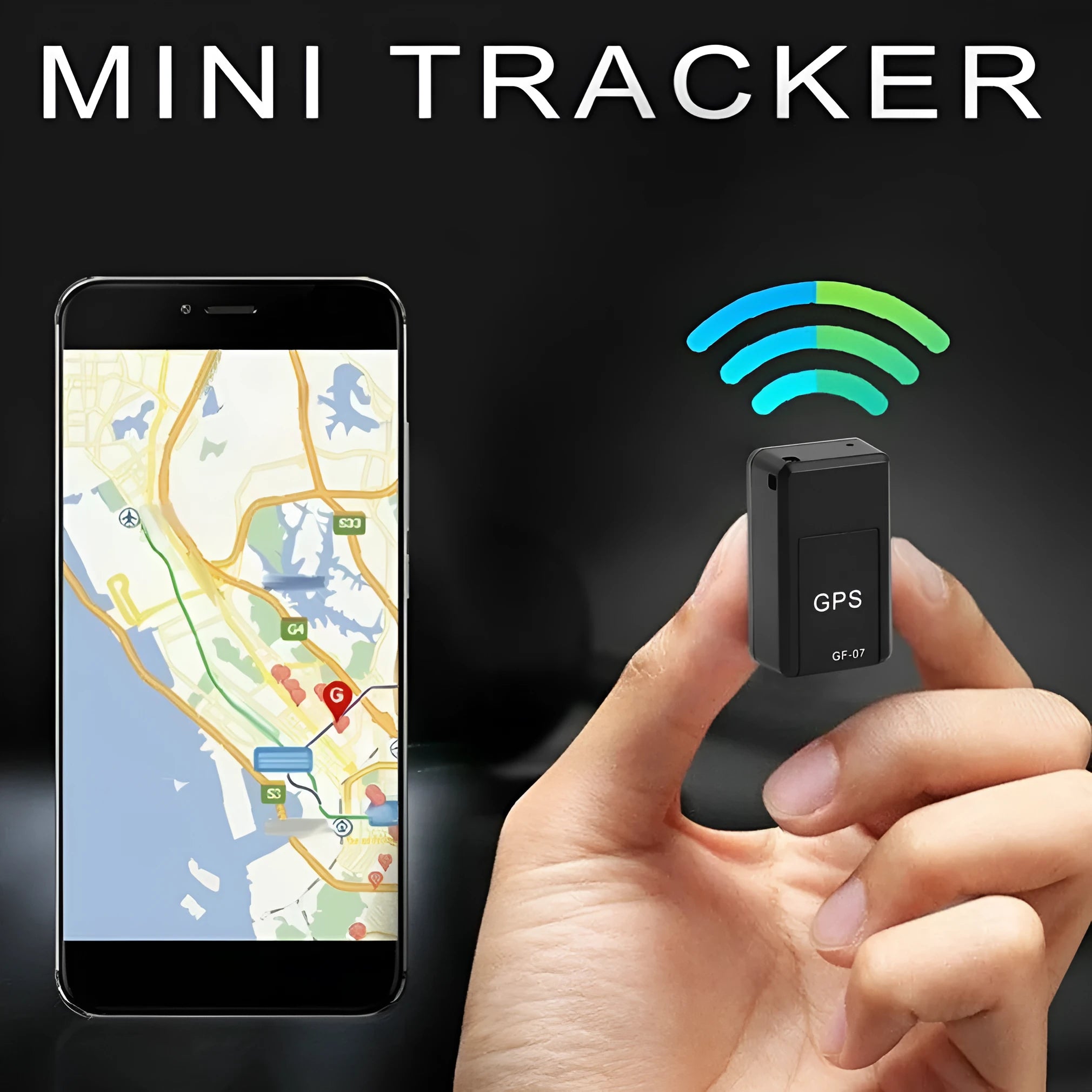 Black mini magnetic GPS tracker device showing dimensions and USB charging port