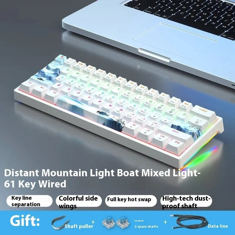 Bluish-black 61-key mechanical keyboard with hot-swappable switches on a desk