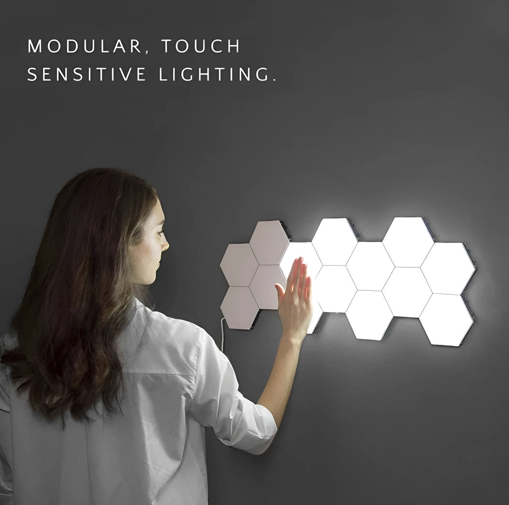 Helios modular honeycomb wall lamp panels in assembled pattern with touch control