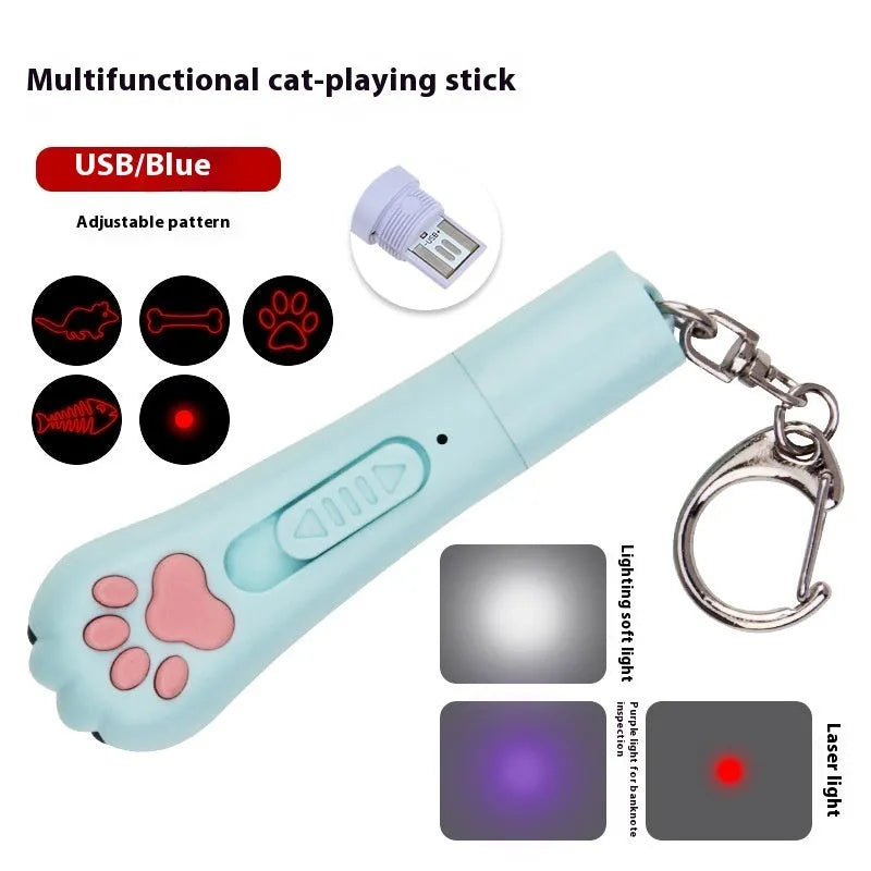 Rechargeable infrared cat teasing stick with laser patterns, shown in blue colour with cat footprints design.
