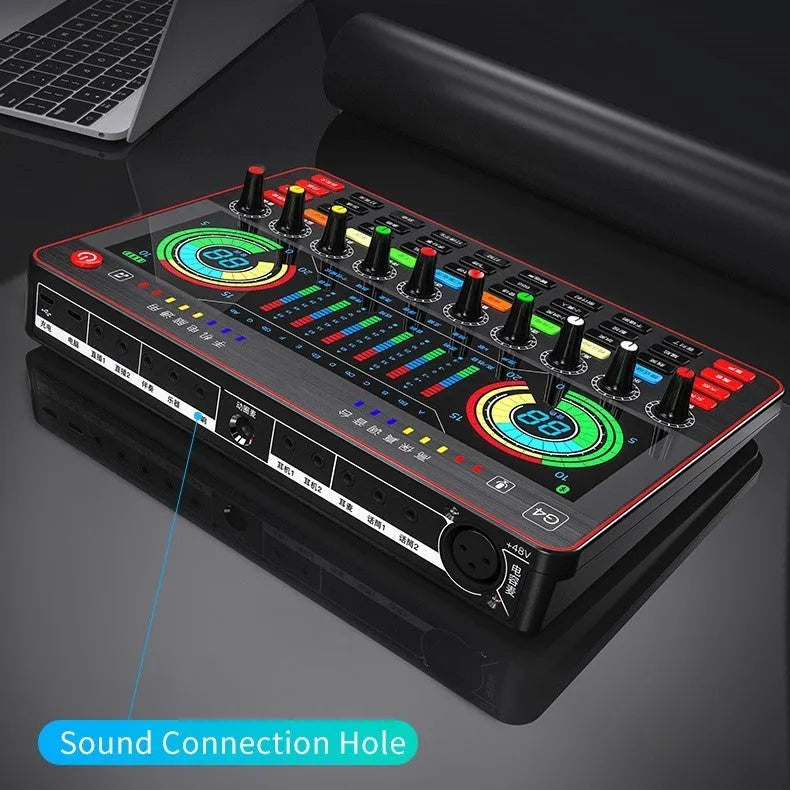 G4 professional singing sound card mixer with LCD screen, control knobs, and included microphone and cables.