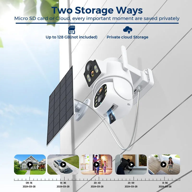 White solar-powered outdoor wireless security camera with solar panel on wall mounting
