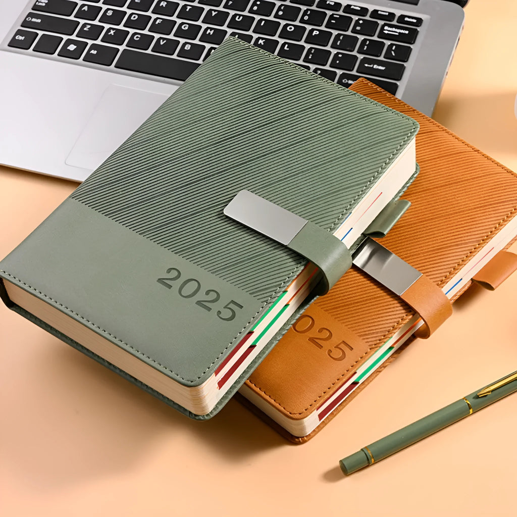 A5 executive notepad with striped PU leather cover open on desk, showing lined wood-free paper.