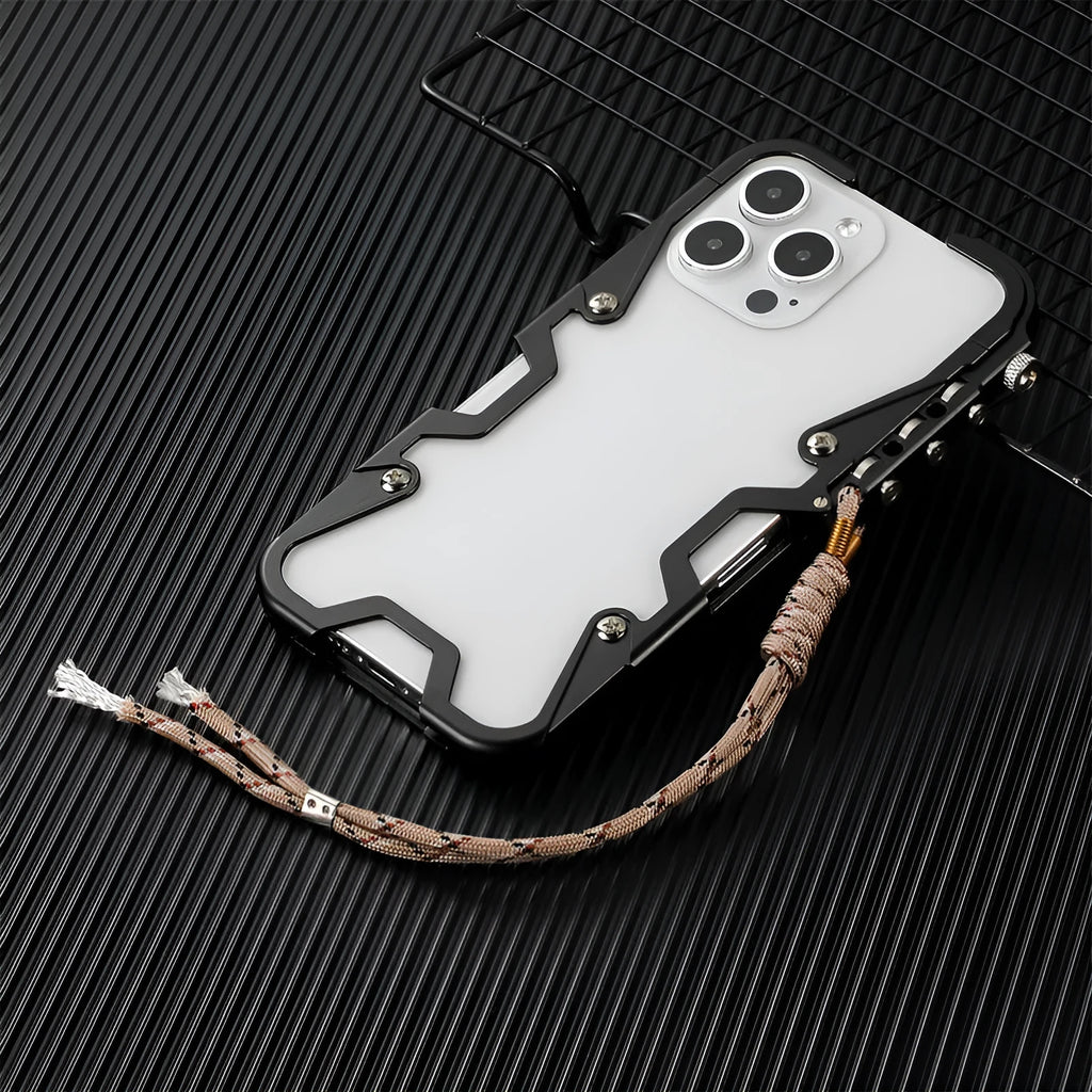Robot Arm metal frame phone case for iPhone 13 Pro Max in silver with tempered film included
