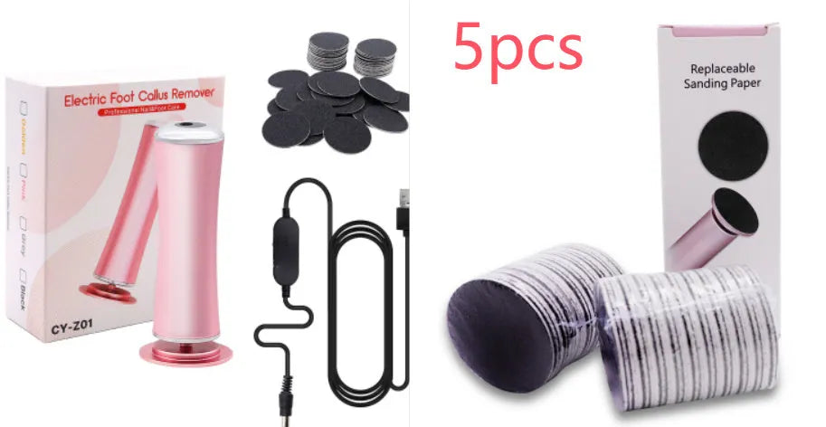 Electric foot callus remover with 60 replacement sandpaper discs, pink and black variants