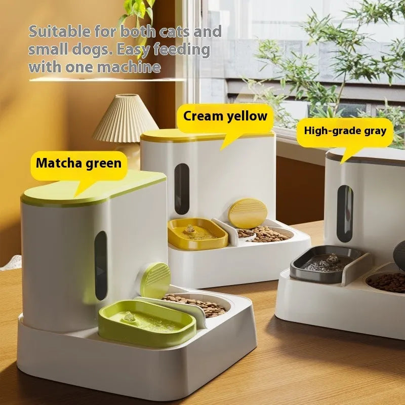 Automatic cat feeder and water dispenser with integrated double bowl in grey, green, or yellow