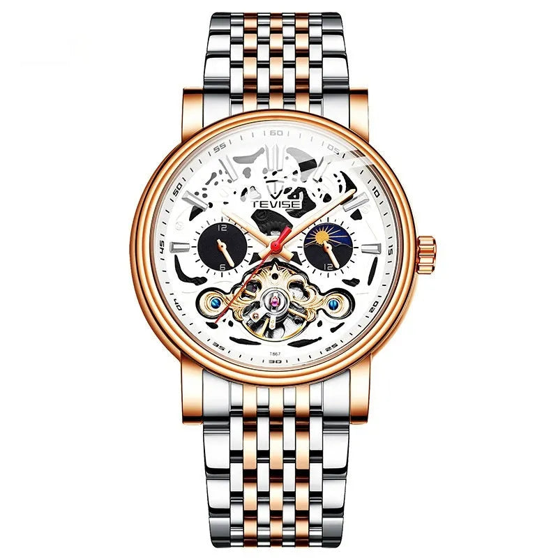 Men's black dial tourbillon mechanical watch with luminous hands on a leather strap