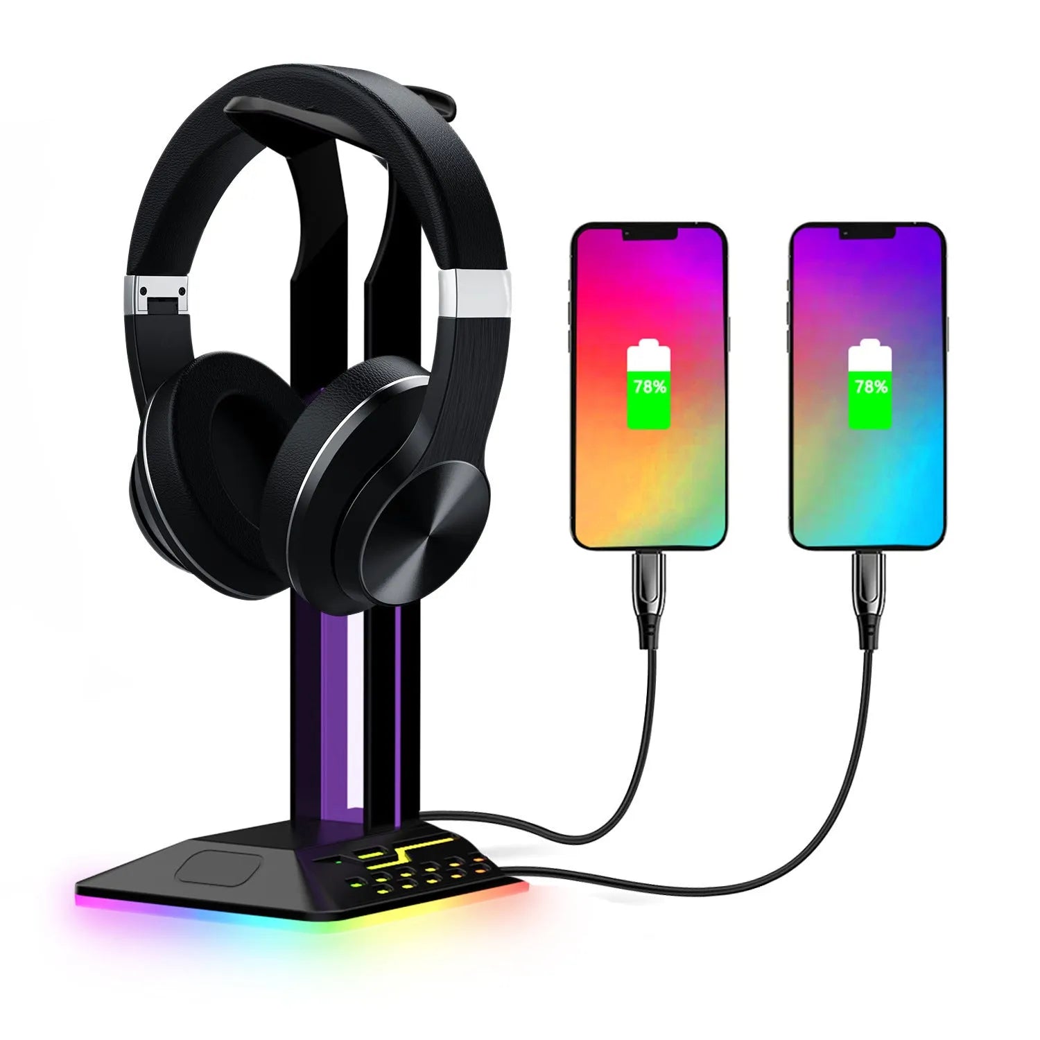 RGB colour changing headset display bracket with dual USB ports and adjustable headphone support arms