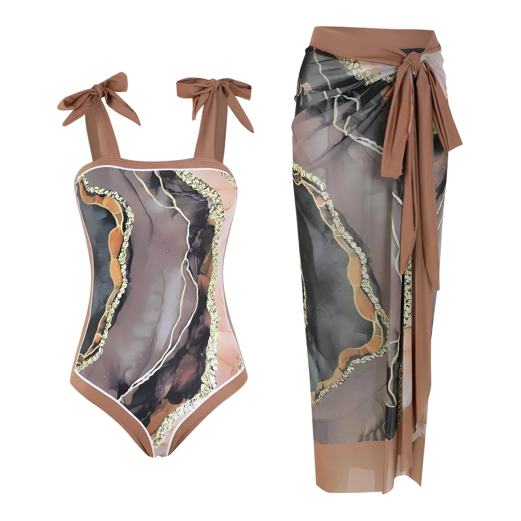Floral pattern conservative bikini swimsuit with mesh tube top and matching skirt in polyester fabric