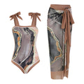 Floral pattern conservative bikini swimsuit with mesh tube top and matching skirt in polyester fabric