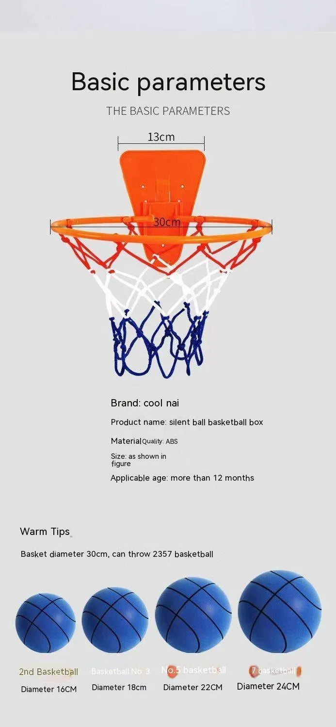 Silent foam indoor basketball in assorted colours with basketball frame