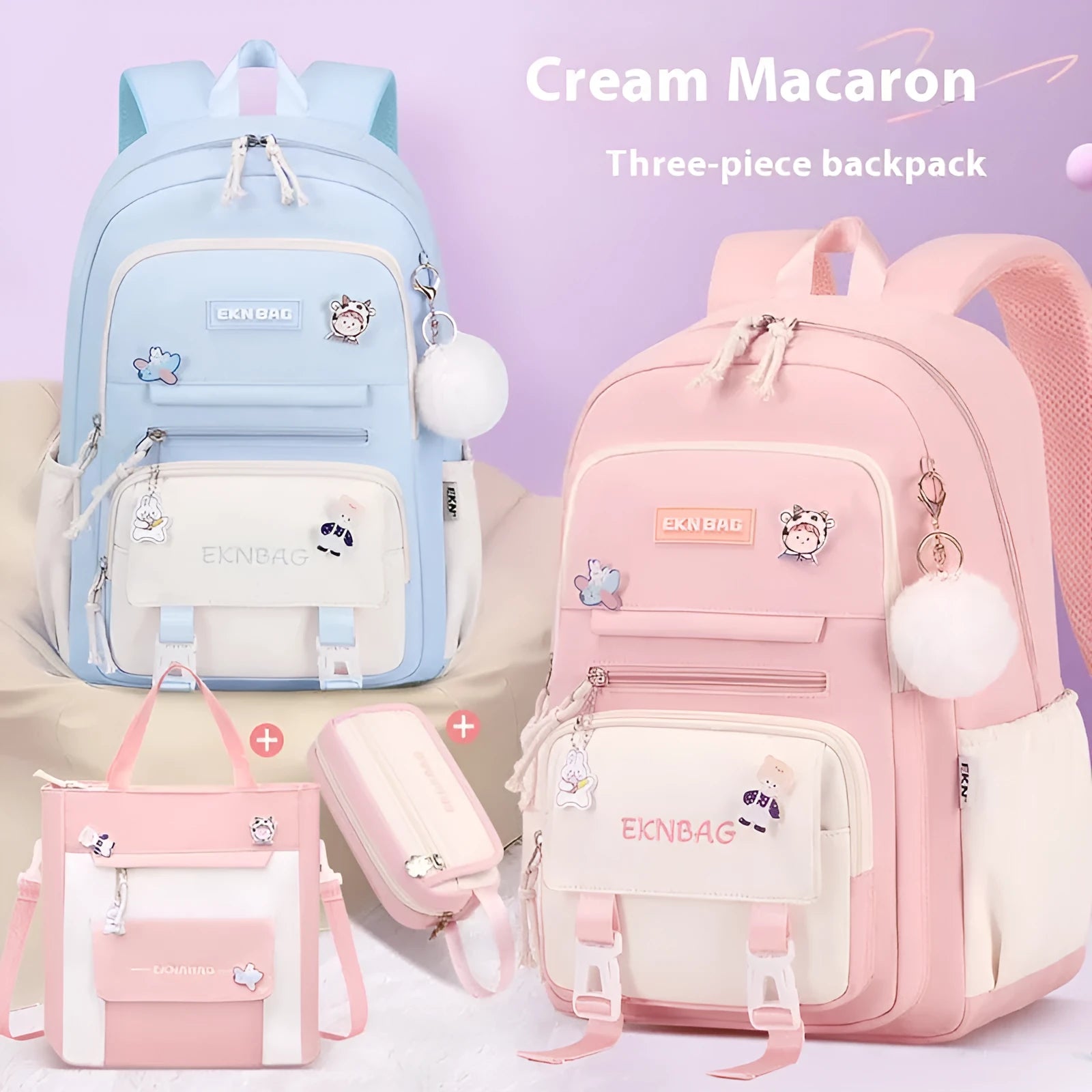 Pink waterproof school backpack for girls with curved straps, shown with matching pencil case and bag.